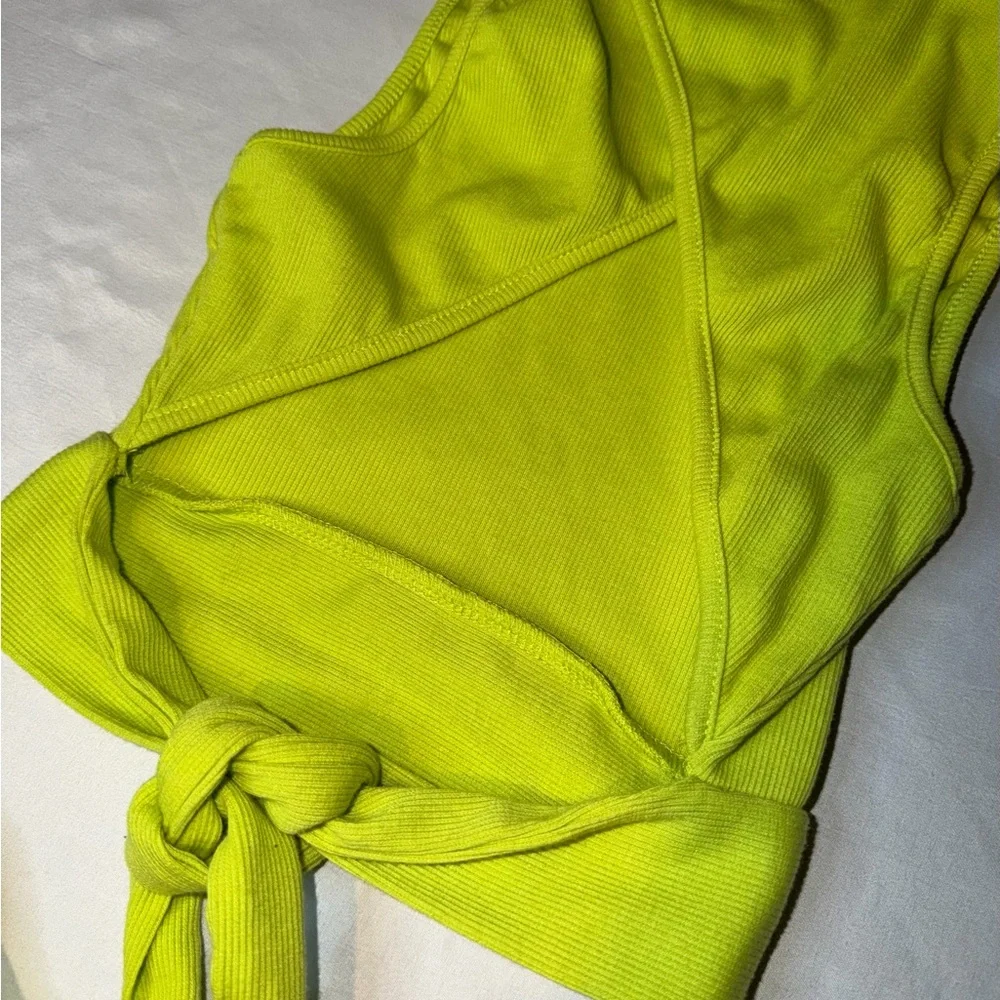 Miss Sparkling Neon Green Ribbed Crop Tank Tie Back Y2K Top Small - Picture 5 of 6